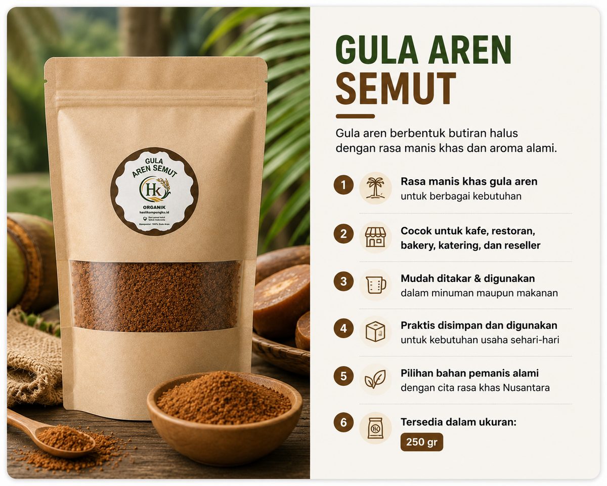 Gula Aren Semut — butiran halus organik dari Hasil Kampungku